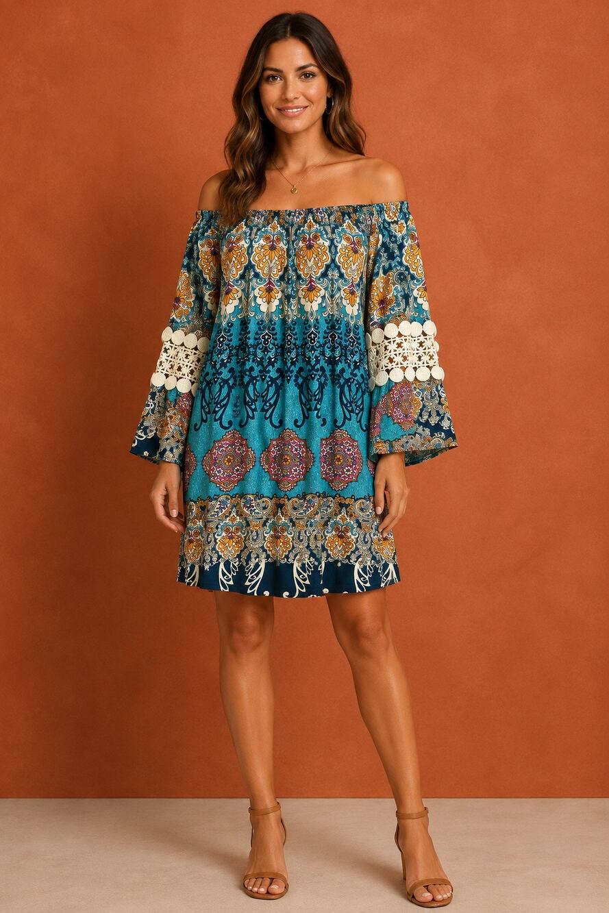 WinWin Women’s L XL Teal Paisley Boho Tunic Top Crochet Bell Sleeve Stretch